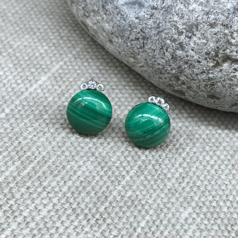 Natural Malachite button bead rhinestone tiara design sterling silver stud earrings gemstone petite everyday jewelry E626