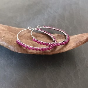 Hand wired natural ruby sterling silver loop earrings handmade fuchsia pink gemstone July birthstone hoop earrings E673RB