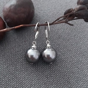 Black round shell pearl sterling silver lever back drop dangle hoop earrings handmade pale charcoal pearl jewellery E646SBP