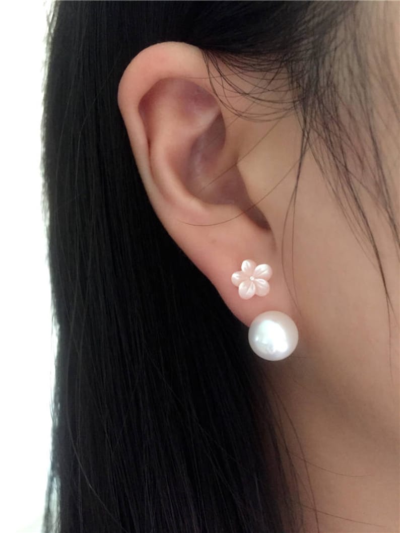 Light Pink Mother of Pearl Seashell Flower Fresh Water Button Pearl 925 Silver Ear Jackets Earrings Party Wedding Prom Jewelery E540