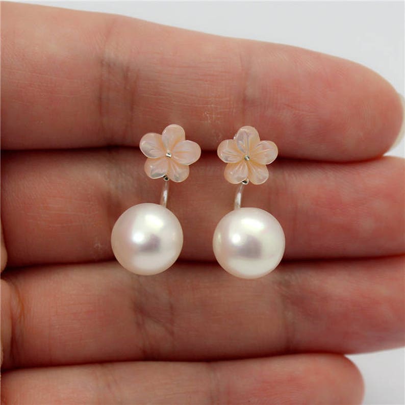 Light Pink Mother of Pearl Seashell Flower Fresh Water Button Pearl 925 Silver Ear Jackets Earrings Party Wedding Prom Jewelery E540