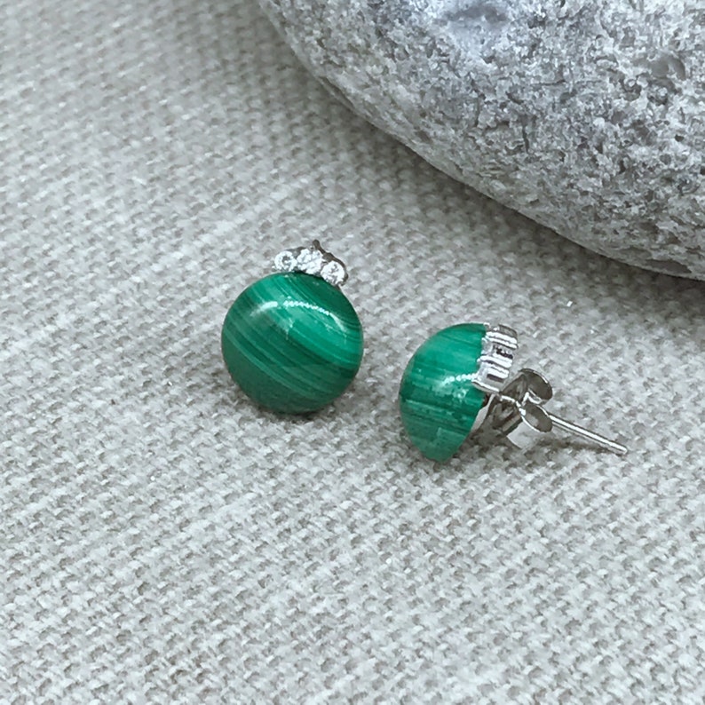 Natural Malachite button bead rhinestone tiara design sterling silver stud earrings gemstone petite everyday jewelry E626