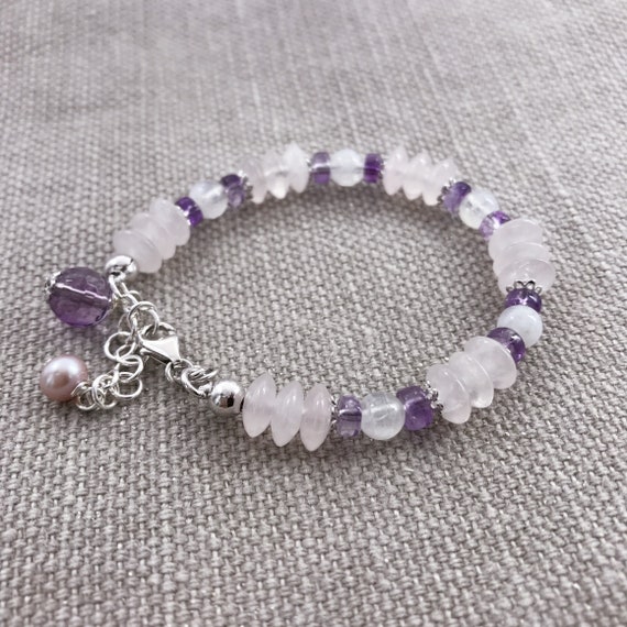 Genuine rose quartz amethyst gemstone sterling silver bracelet | Etsy