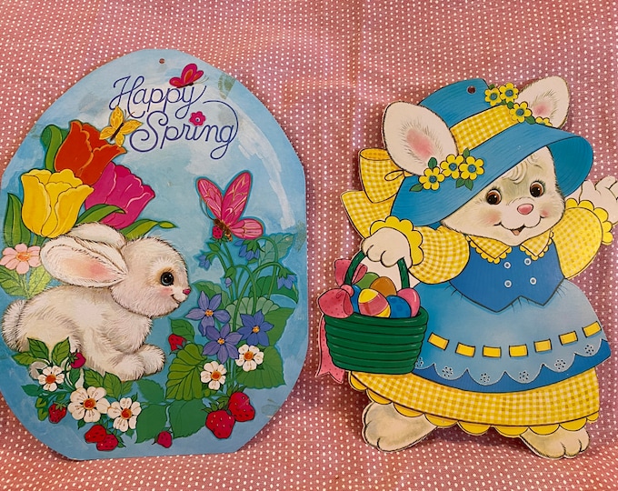 Vintage 1980\u2019s Set of 2 Eureka Spring Easter Bunny Die-Cut Decorations ***Free Gift Wrap!***
