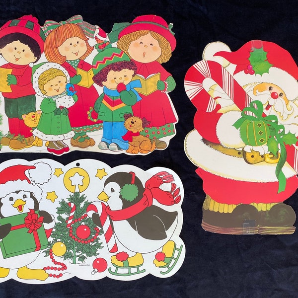Vintage set of 3 Eureka Double Sided Die-cut Christmas Decorations Santa Penguins Carolers ***Free Shipping & Gift Wrap!***