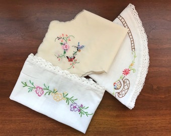 Set of 3 Vintage Hand Embroidered Dresser Scarves Butterflies & Flowers ***Free Shipping and Gift Wrap!***