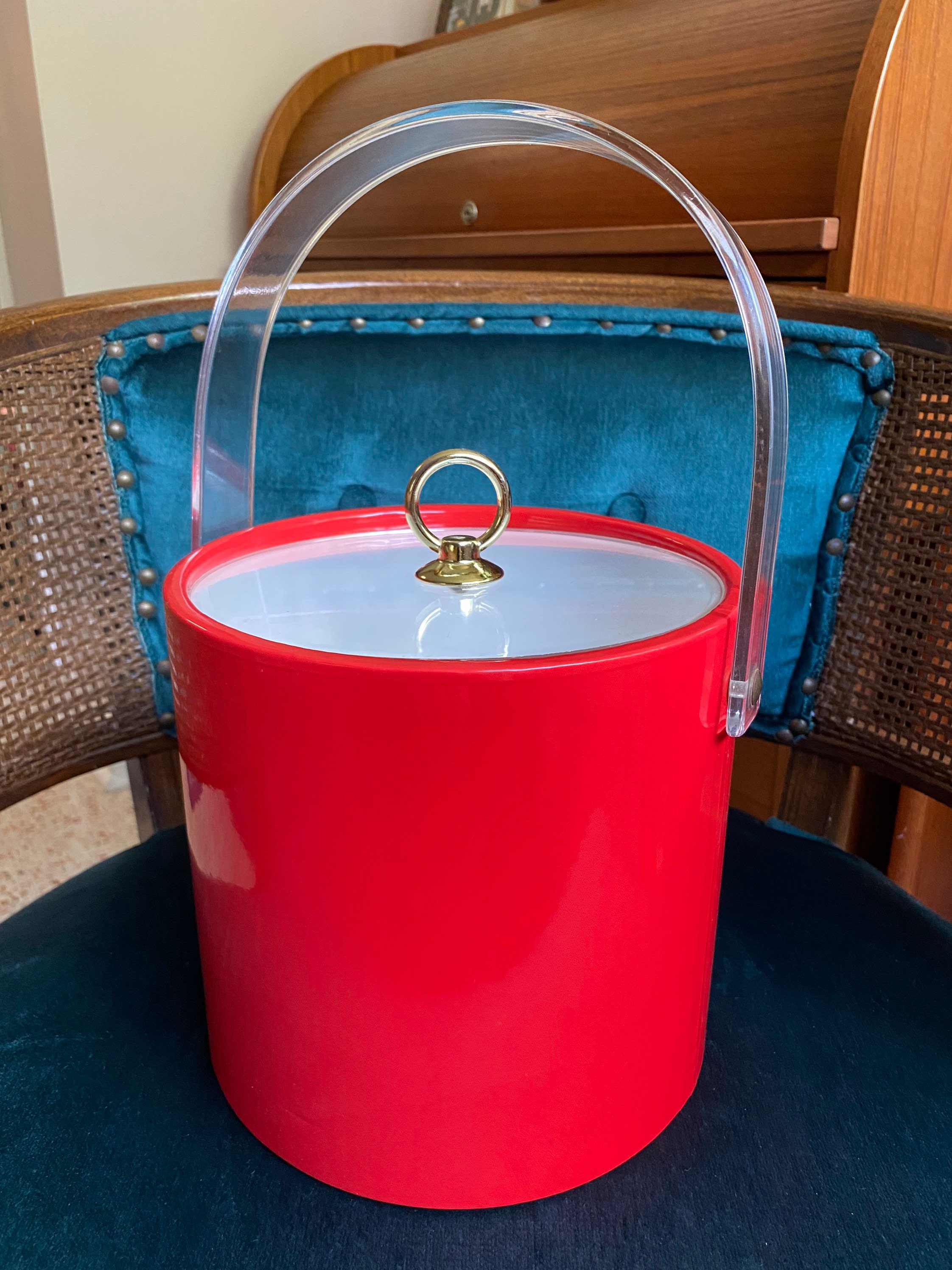 Vintage 1970 s MCM Vinyl And Plastic Hot Rod Red Ice Bucket With Large vintage-1970-s-mcm-vinyl-and-plastic-hot-rod-red-ice-bucket-with-large