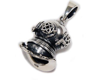 Bonnet/Diver Helmet/Scuba Diver/925 Sterling Silver Pendant/Charm/Biker/Gothic/Rockabilly/GD-004