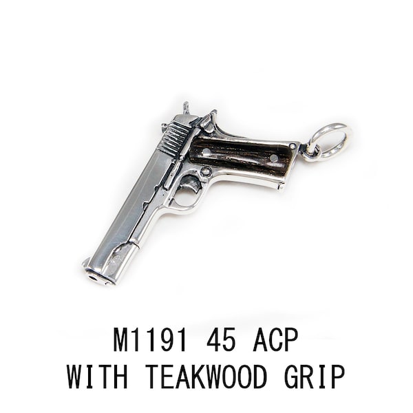 M1911/.45 Acp/Pistol/Handgun/Firearms/Teak Wood Grip/925 Sterling Silver Pendant/Pistol Charm/Biker/Gothic/Rockabilly/ jo-013