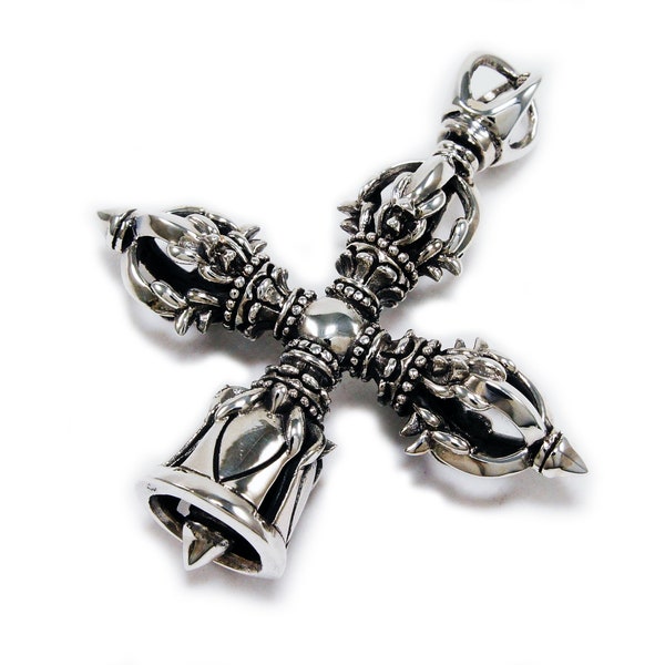 Vajra/Dorje/Bell/Cross/925 Sterling Silver Pendant/Vajra Pendant/Tibetan/Biker/Gothic/Rockabilly/Charm/SA-077