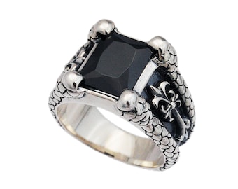 Ónix negro/Cruz/Anillo de plata de ley 925/Garra de dragón/Anillo cruzado/Anillo de ónix negro/Gótico/Joyería motociclista/ks-r113