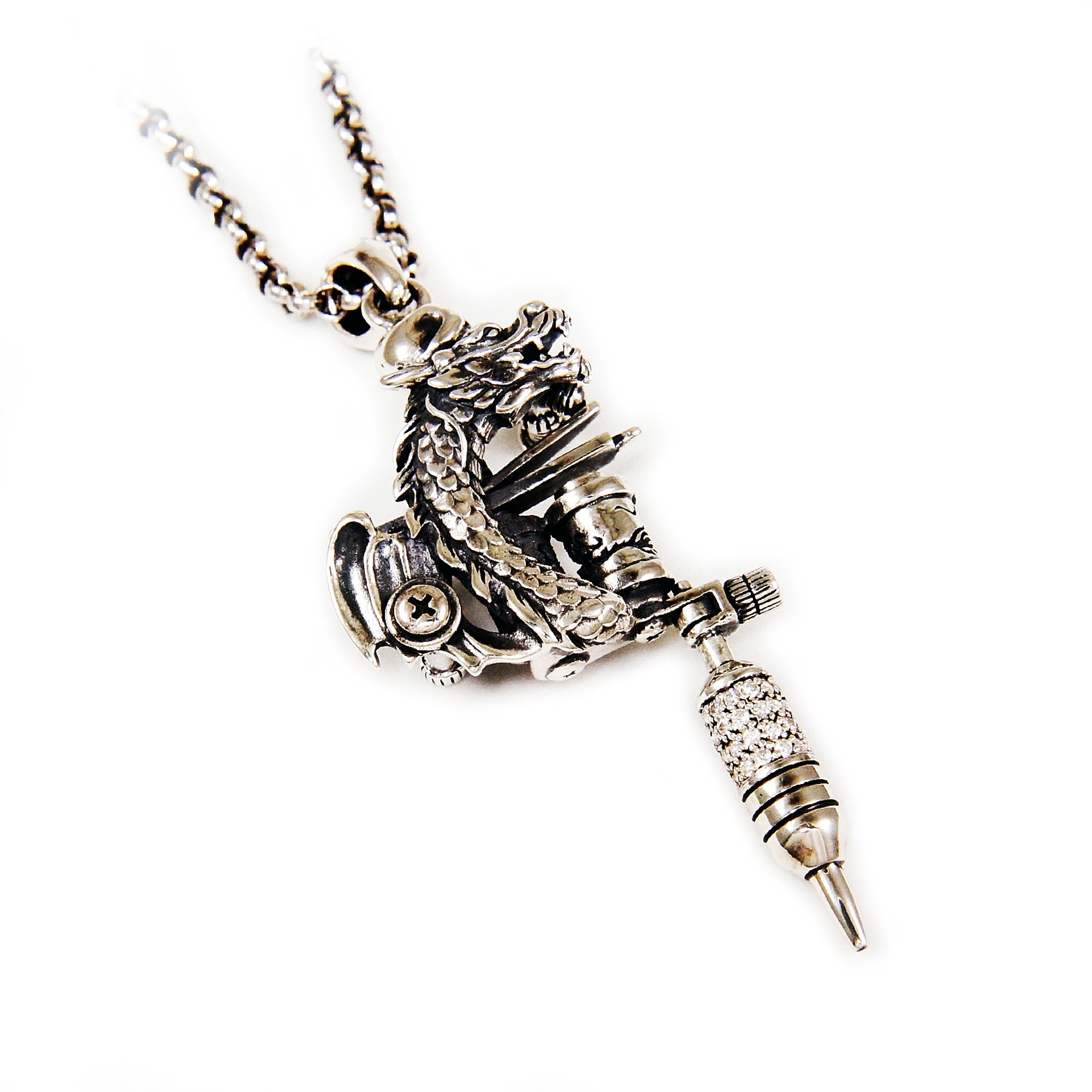 Dragon/Tattoo Machine/925 Sterling Silver Pendant/White Cubic Etsy
