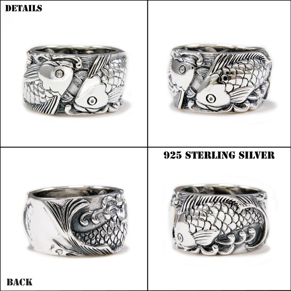 Turtleland 925 Sterling Silver Koi Fish Ring - One Size Fits All, Adjustable Silver Jewelry