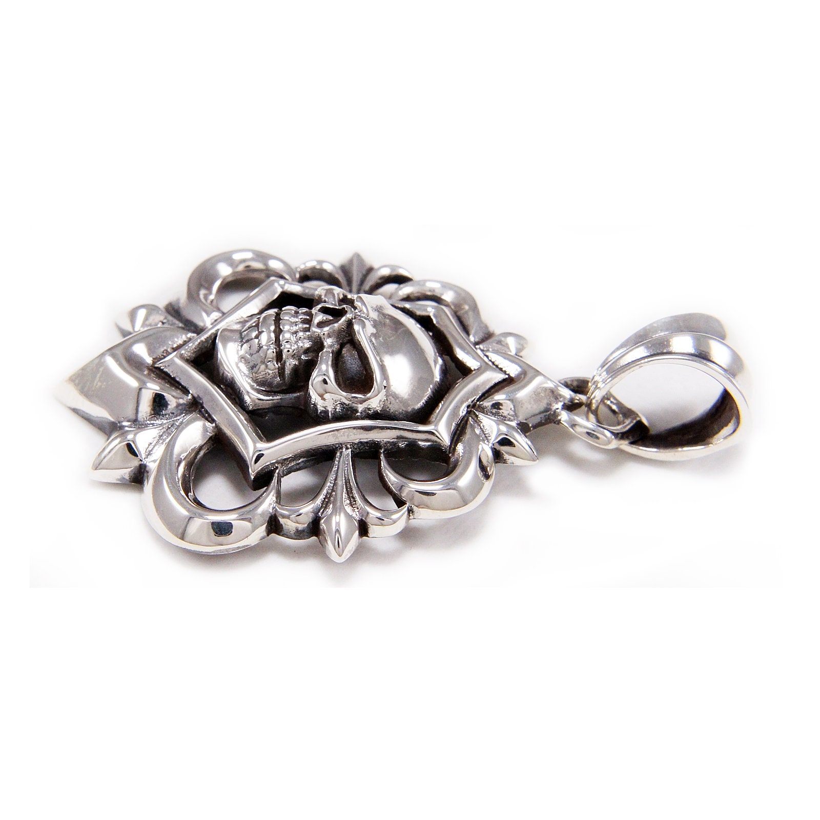 Ciondolo Teschio Con Spine – Stile Biker Rockabilly – Argento Sterling 925 – Fatto A Mano - Foto 2