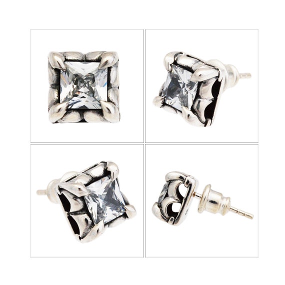 Orecchini da uomo in argento Sterling 925 con zirconia cubica di colore giallo e diamanti finti taglio principessa quadrati orecchini gioielli per uomo, Argento, taglia unica