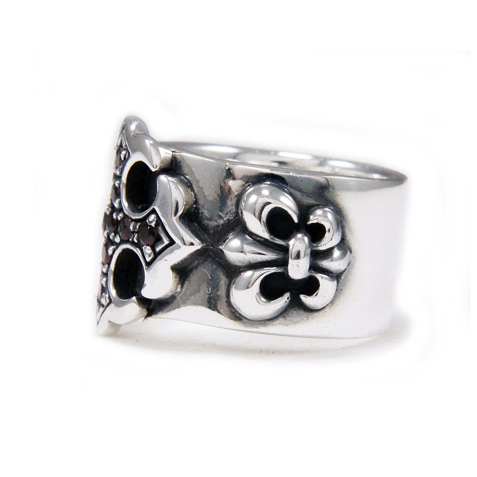 Bague En Argent 925 Avec Grenat - Motif Fleur De Lys Gothique - Taille 8.5