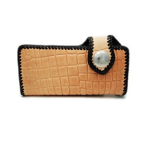 Patrón de cocodrilo estampado/Piel de vaca/Hecho a mano/Cartera larga plegable/Concho plateado/Cuero de vaca/Cartera larga de motociclista/Hombre/Mujer hcw-1