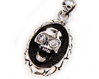Skull/White Stone Eyes/925 Sterling Silver Pendant/Skull Pendant/Silver Charm/Biker/Gothic/Rockabilly/gs-094