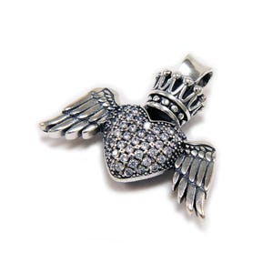 Crown/Cubic Zirconia/Angel Wing/925 Sterling Silver Pendant/Biker/Gothic/Rockabilly/Charm/YAN-001