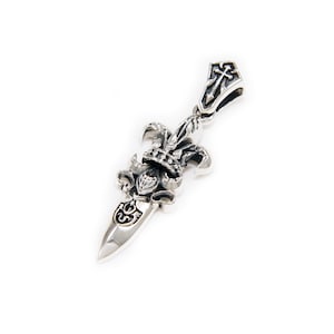 Fleur De Lis/Crown/Dagger/Sword/925 Sterling Silver Pendant/Gothic/Biker Jewelry/Rockabilly/cs-065