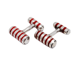 Red Enamel Stripe/925 Sterling Silver Cufflinks/Silver Skull Cufflinks/Silver Cuff-Links/Gifts for Men/ec-cf009