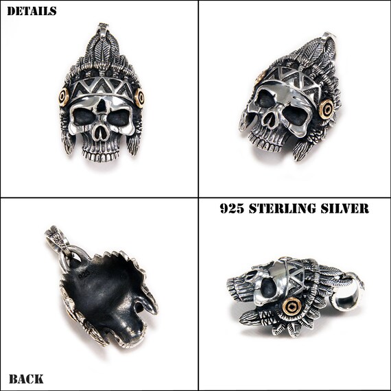 Native Red Indian Chief Skull/925 Sterling Silver Pendant/biker