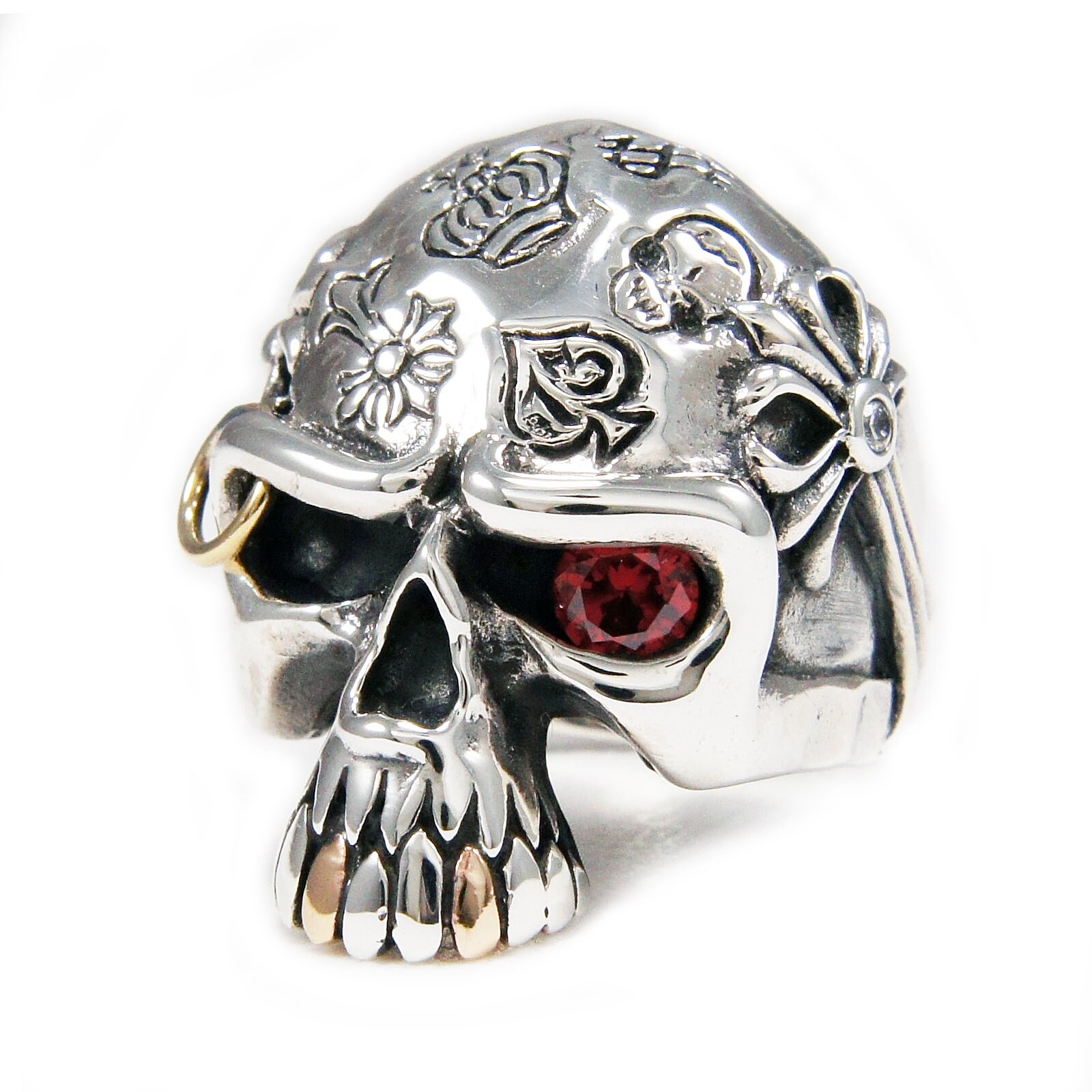 Tommyway Jewelry Men's Stainless Steel Skull Ring With Red CZ Eyes - Sizes 9-15
