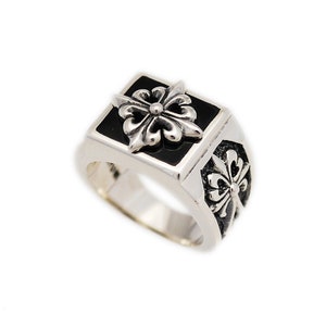Anillo de flor de lis/ónix negro/plata de ley 925/anillo de flor de lis/joyería de motociclista/anillo de ónix/anillo de cruz/ks-r032