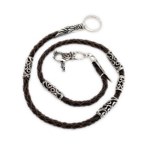 Dragón/Cadena de cartera de plata de ley 925/Correa de cuero de vaca trenzada marrón/Cierre de plata/Cadena de cartera de motociclista/Joyería de motociclista/Hombres/Mujeres gs-wc005