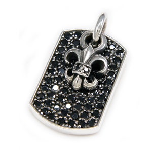 Colgante de plata de ley 925 con circonita cúbica negra o blanca y diseño de flor de lis, chapa de identificación, estilo motero, gótico, rockabilly, tp-007