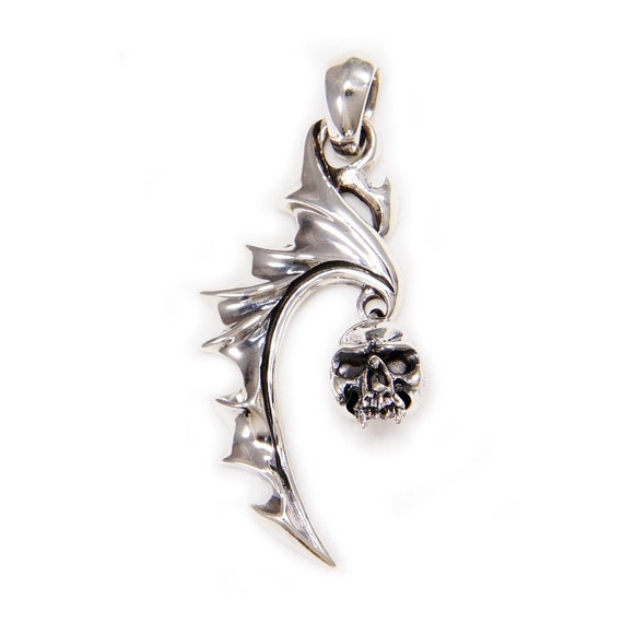 Pendentif Tête De Mort Plume Motard – Argent Sterling Vintage – Longueur 6 Cm – Occasion