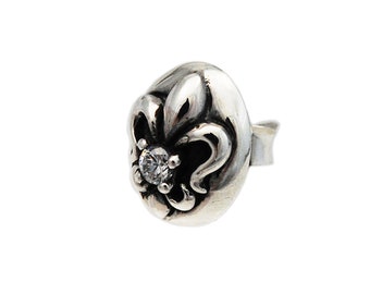 Fleur De Lis/White Cubic Zirconia/Oval/925 Sterling Silver/Stud/Pierced/Earrings/Biker Jewelry/Rocker/Gothic/Men's/Women's/Unisex/jo-p014