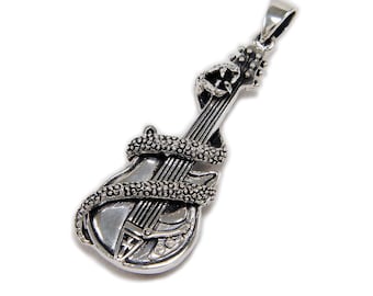 Rock Guitar/Serpent Snake/925 Sterling Silver Pendant/Charm/Biker/Gothic Jewelry/Rockabilly/GD-014