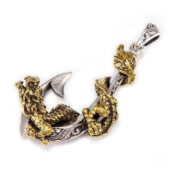 dragon fish hook 14K Gold Black Jade Hawaiian Pendant At certain angles Fish Hook/925 Sterling Silver Pendant/japanese