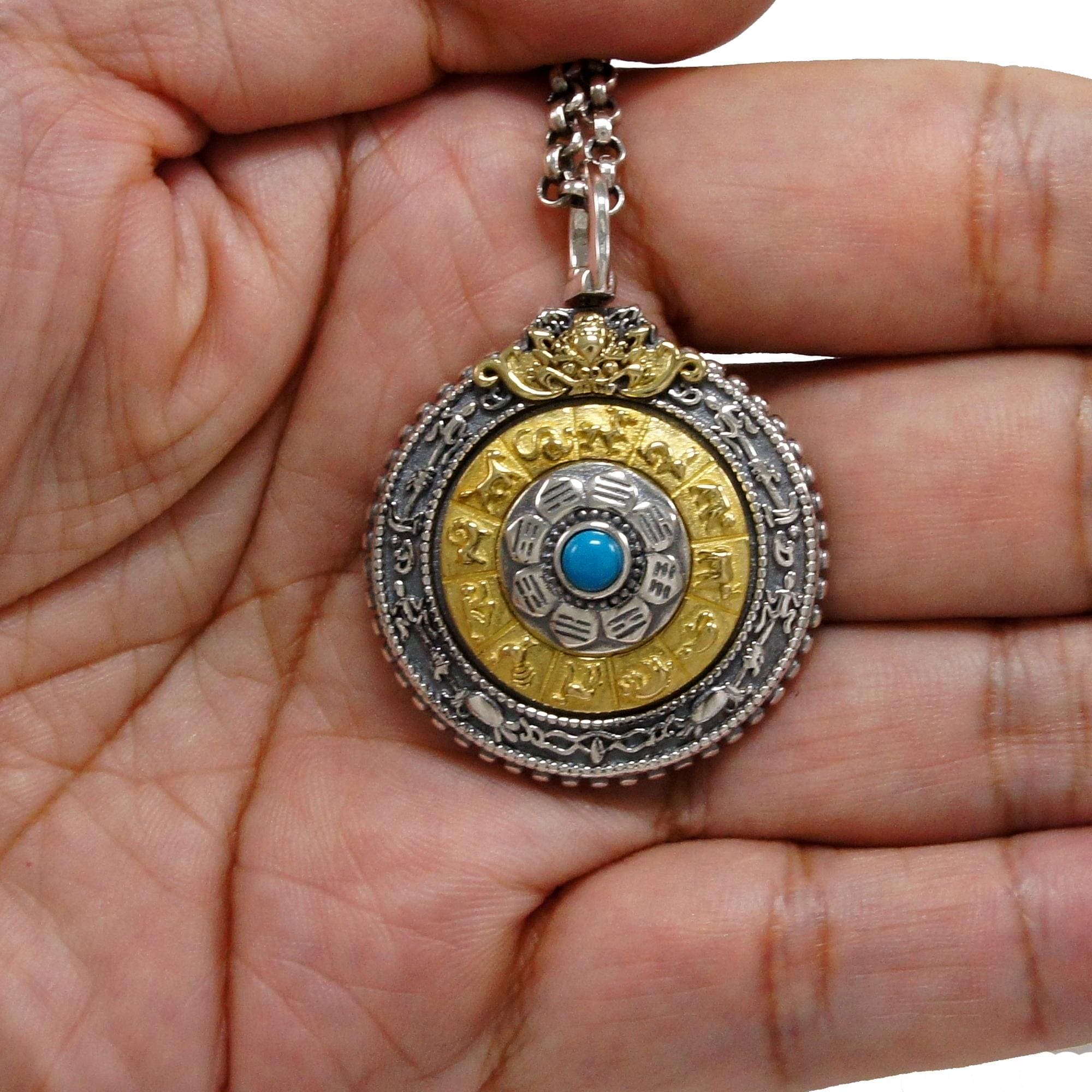 Zodiac Wheel Years/turquoise/red Coral/brass/925 Sterling Silver
