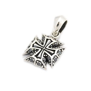 Cross/925 Sterling Silver Pendant/Silver Charm/Black Stone or White Stone/Biker/Gothic/Rockabilly/won-096