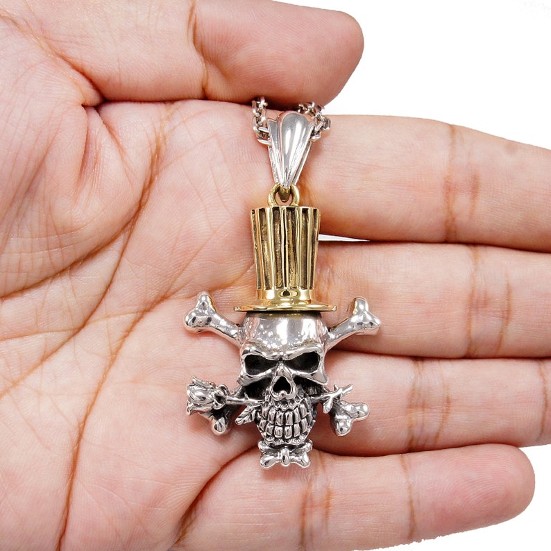 Cross BoneSkull Rose925 Sterling Silver PendantLong Hat Brass PendantSilver Skull PendantSkull Silver CharmSkull Biker Pendant bub-049