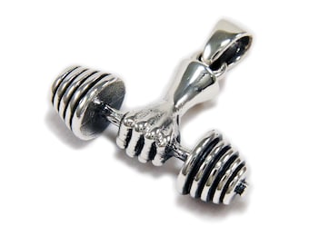 Dumbbell/Strongman/925 Sterling Silver Pendant/Necklace/Charm/Biker/Gothic Jewelry/GD-005
