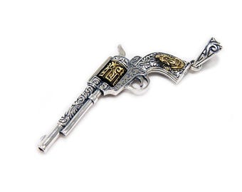 Colgante/dije antiguo/revólver/pistola/ave maría/plata de ley 925/motociclista/gótico/rockabilly/TOU-016