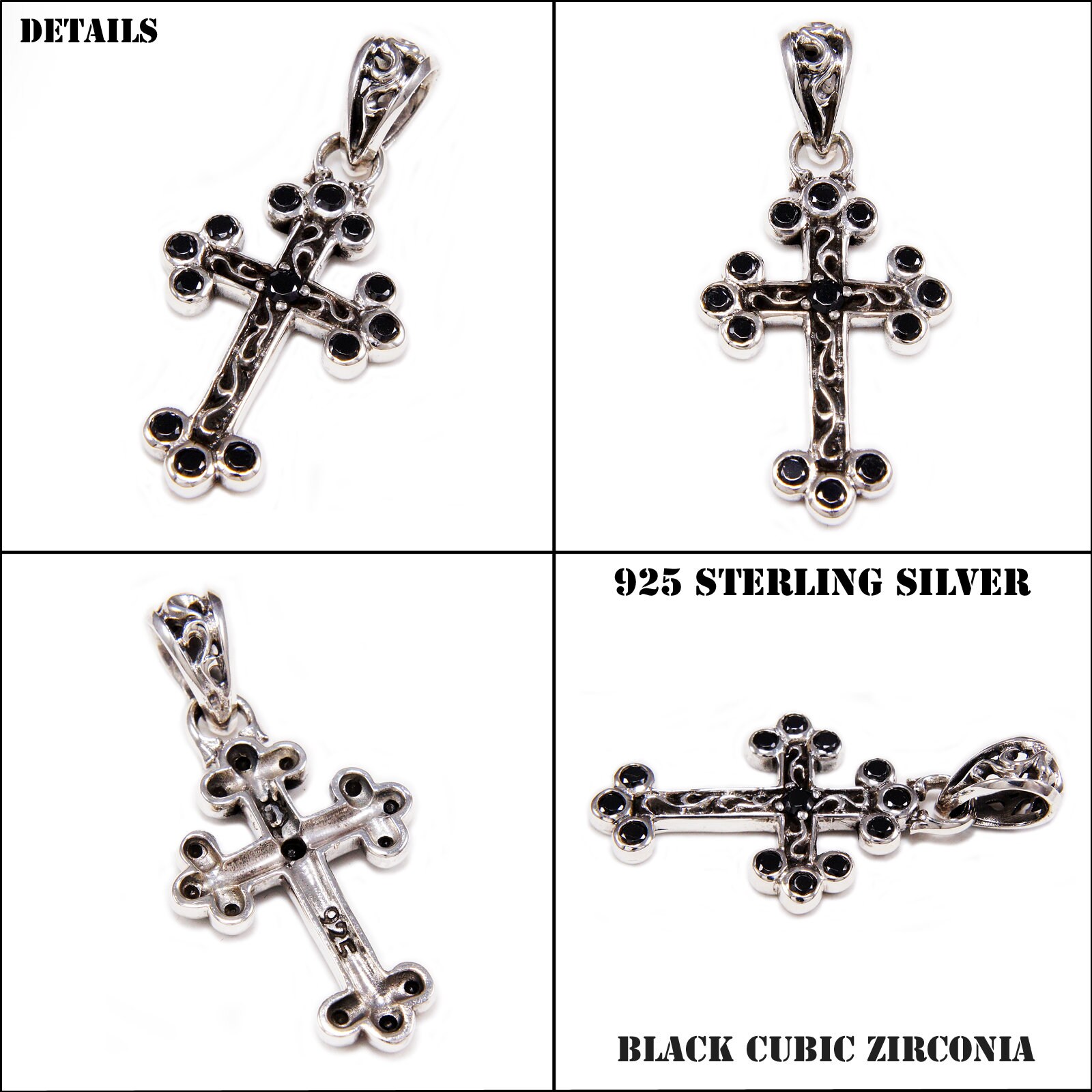 Pendentif Croix En Argent Massif Avec Pierre Noire - Breloque Argentée - Occasion Bel État