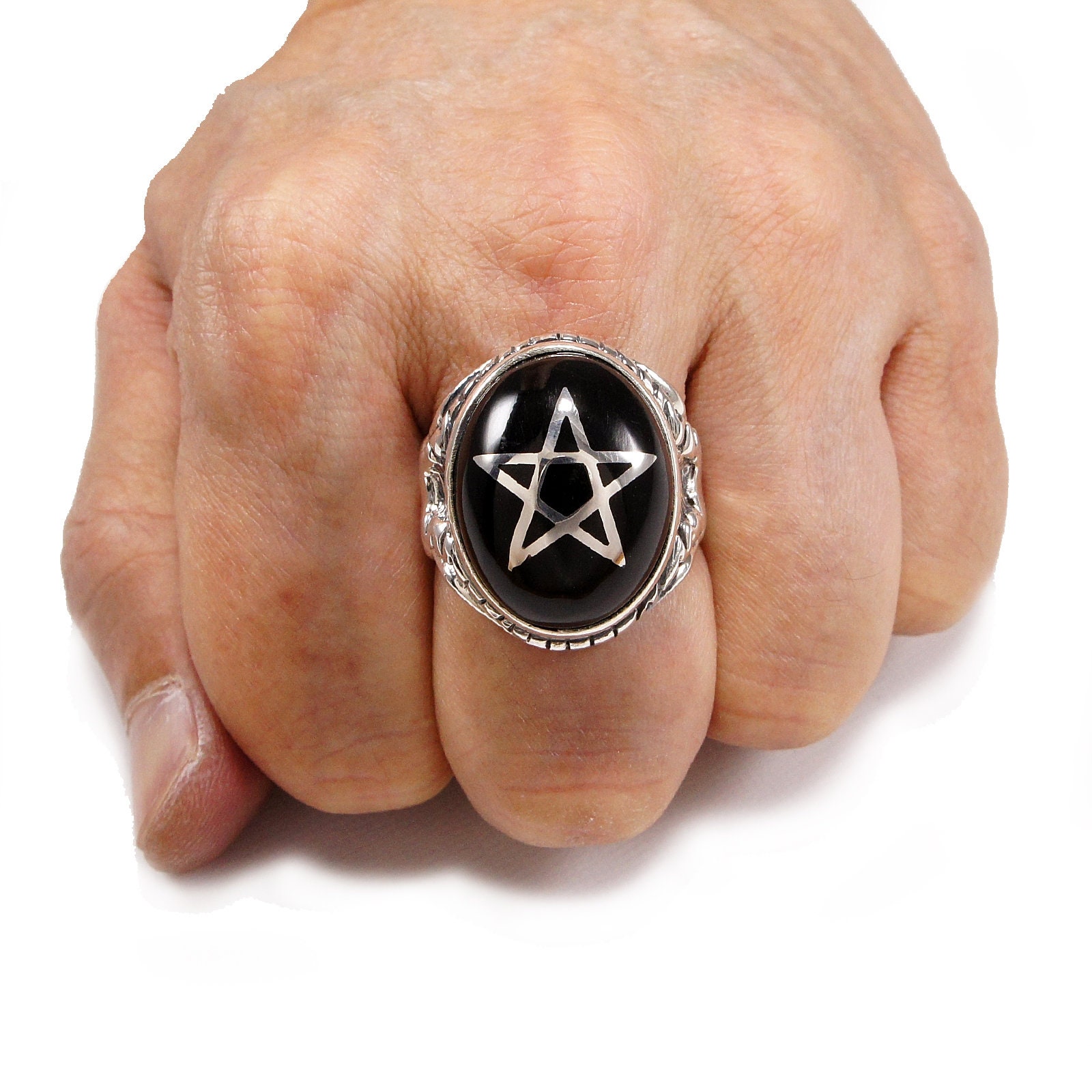 Black Oval Stone/pentagram/star/925 Sterling Silver - Etsy