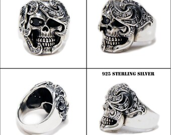 Skull/925 Sterling Silver Ring/white Stone/skull Ring/biker