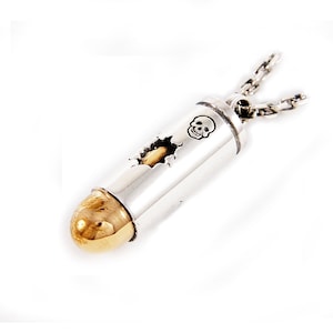 Gold Plated/Bullet/Skull/925 Sterling Silver Pendant/Revolver/Bullet Charm/Pistol/Handgun/Firearms/Gothic/Biker/Rockabilly/jo-027