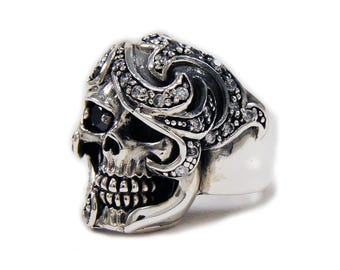Skull/925 Sterling Silver Ring/white Stone/skull Ring/biker