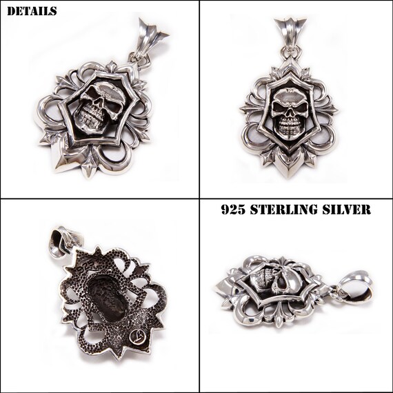 Ciondolo Teschio Con Spine – Stile Biker Rockabilly – Argento Sterling 925 – Fatto A Mano - Foto 5