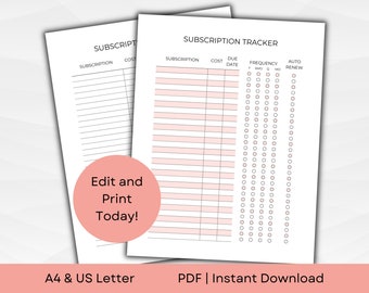 Fillable Subscription Tracker | Two Styles | A4 & US Letter | Printable PDF Instant Download