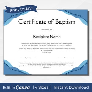 Plantilla de certificado de bautismo / Texto totalmente editable / Cuatro tamaños: A3, A4, Carta de EE. UU., 14x11 pulgadas / Descarga instantánea PDF