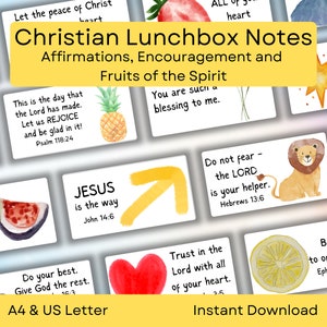 May include: A set of Christian Lunchbox Notes with affirmations, encouragement, and Fruits of the Spirit. The cards display watercolour illustrations of a backpack, pineapple, lion, lemon, and other images, alongside Bible verses.