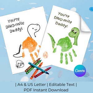Manualidad con huellas de manos para el Día del Padre por parte de niños / Manualidad con huellas de dinosaurios / Eres DINO-mite / Texto editable / A4 y carta de EE. UU. / PDF Descarga instantánea