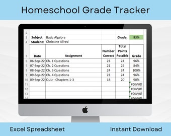 Homeschool Grade Tracker Spreadsheet | Assignment Tracker for Home School | Excel | Instant Download